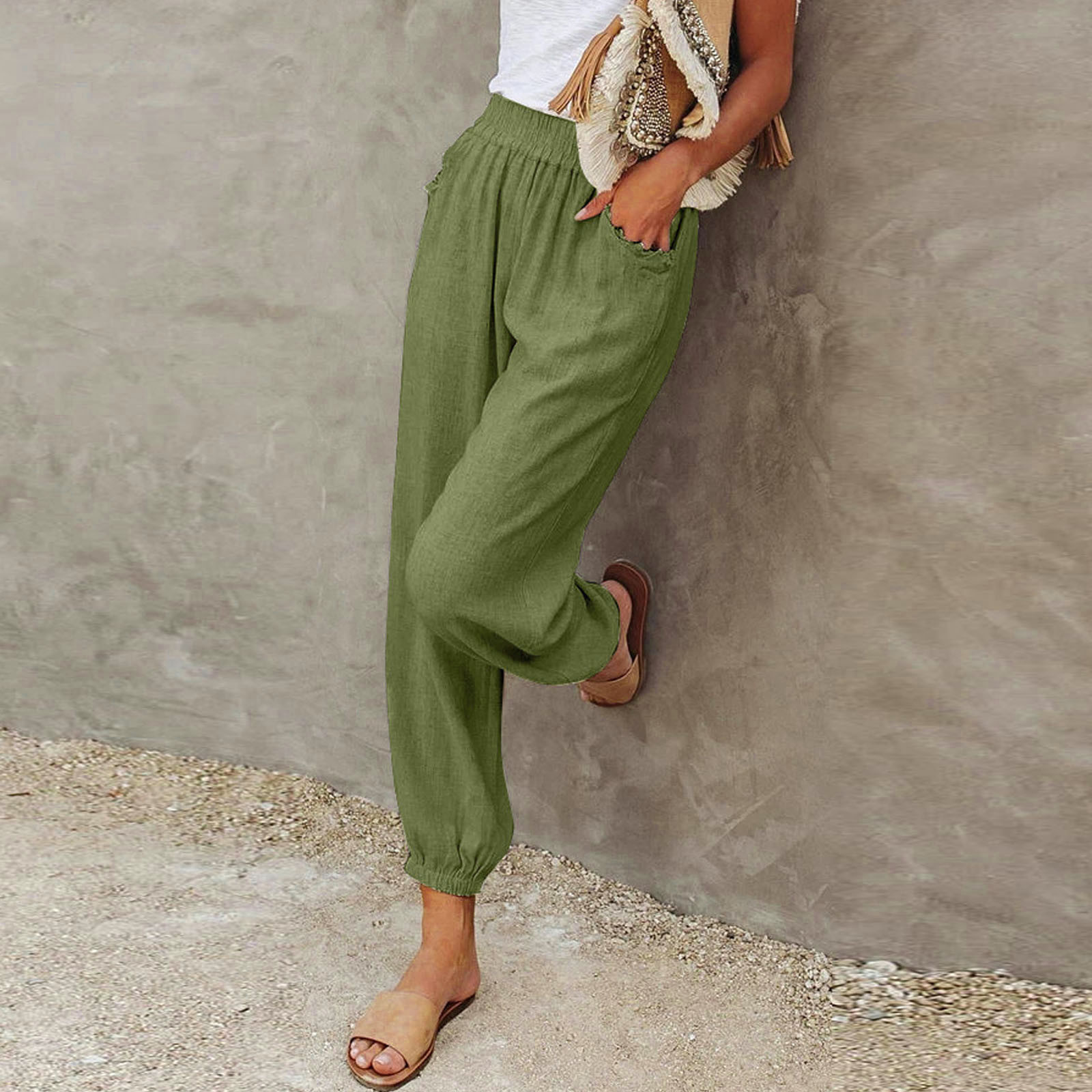 thumbnail image 4 of Pantalones casuales con cordón para mujer talla grande - Cintura elástica, bolsillos, poliéster, corte holgado, aptos para el día a día, la playa y para dormir, para todas las estaciones, 4 of 8